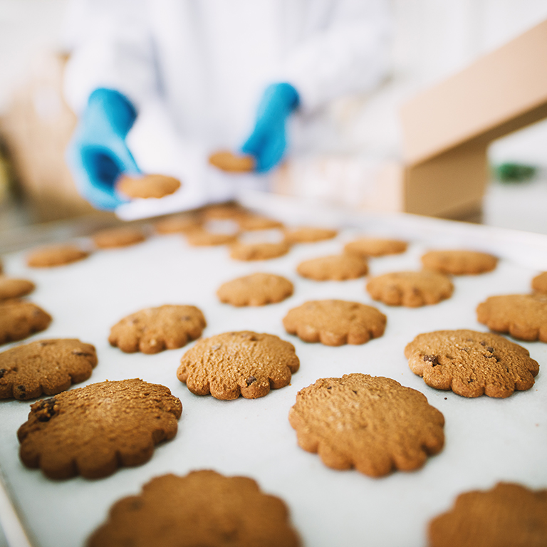 Closeup of fresh cookies made in food factory.
