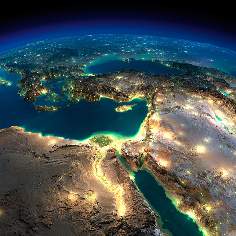 Highly detailed Earth, illuminated by moonlight. The glow of cities sheds light on the detailed exaggerated terrain. Night Earth. Africa and Middle East. Elements of this image furnished by NASA