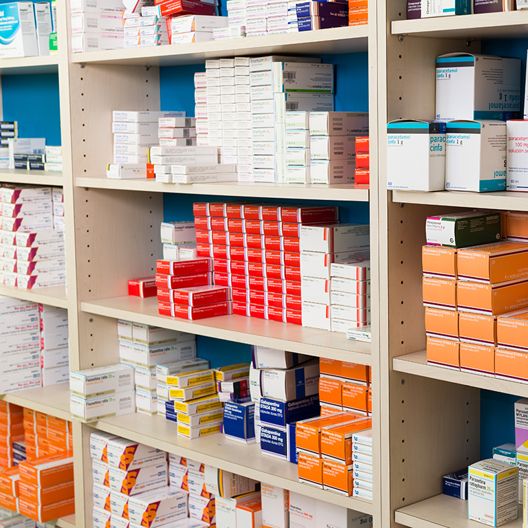 BARCELONA, SPAIN - MARCH 02, 2016: Shelving storage system with medicine and drugs in modern pharmacy
