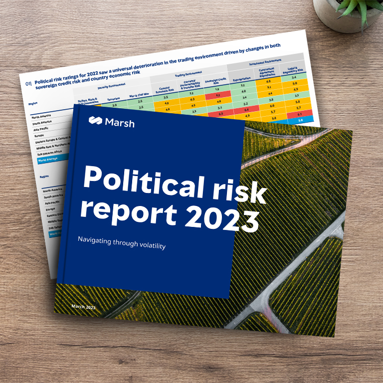 Political Risk Report 2023 on a desk.