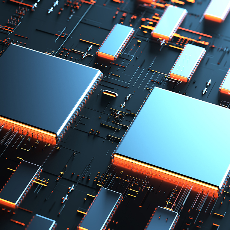 Circuit board futuristic server code processing. Orange,  green, blue technology background with bokeh. 3d rendering