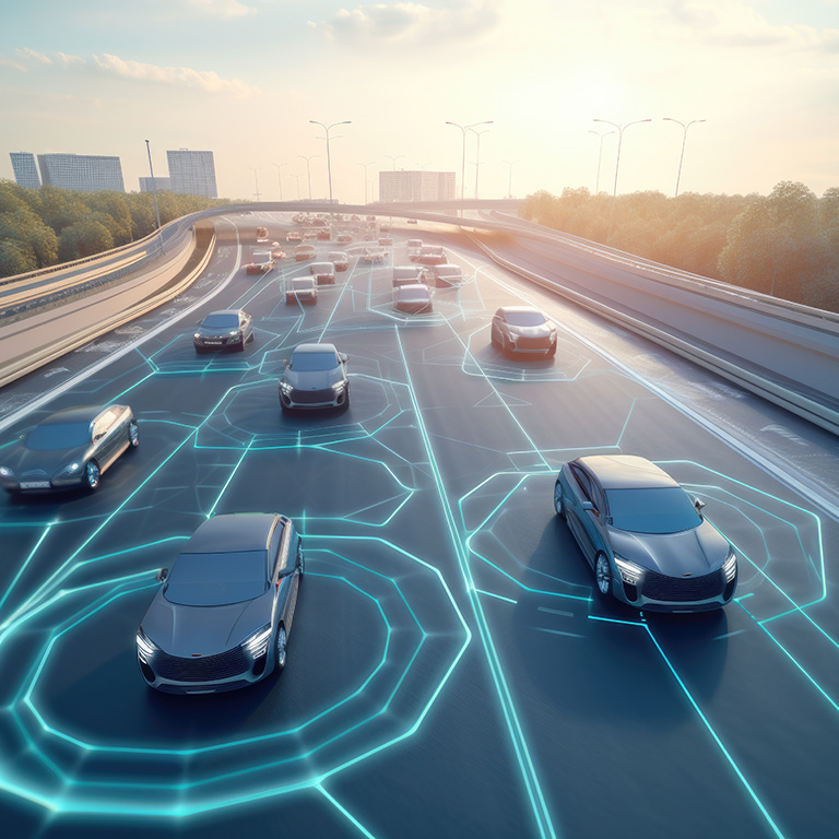 Smart highway with automated, connected vehicles that communicate with each other and the road infrastructure, created with generative ai