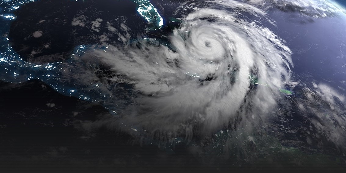 Earth at night from orbit with city lights and huge hurricane near florida, USA. 3D illustration. Elements of this image furnished by NASA