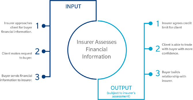 The diagram shows the process and outcomes of providing up to date financial information to insurers.
The process inputs are that insurer approaches client for buyer financial information, client makes request to buyer, and buyer sends financial information to insurer. The insurer then assesses the financial information. The outputs, subject to insurer's assessment, are insurer agrees credit limit for client, client is able to trade with buyer with more confidence, and buyer builds relationship with insurer.