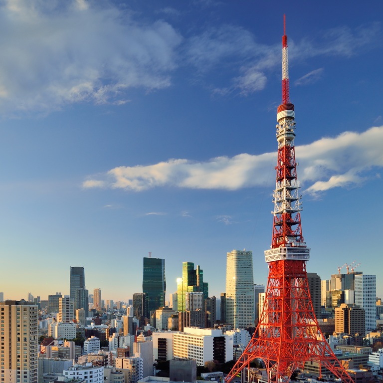 Central Tokyo cityscape at sunset