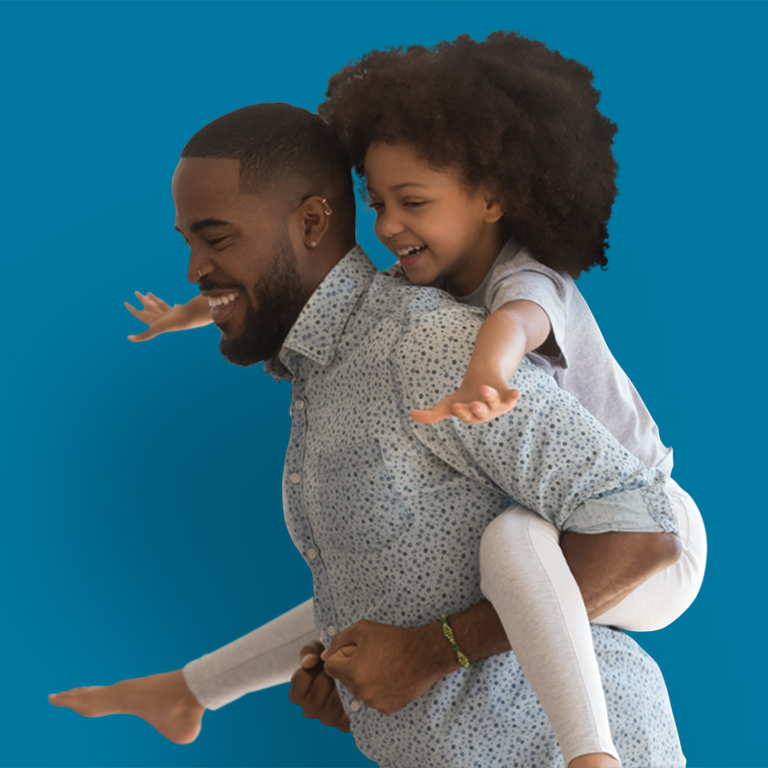 Excited little biracial preschooler girl have fun with loving african american young dad carry piggyback at home, happy mixed race father and small daughter playing together, enjoy family weekend