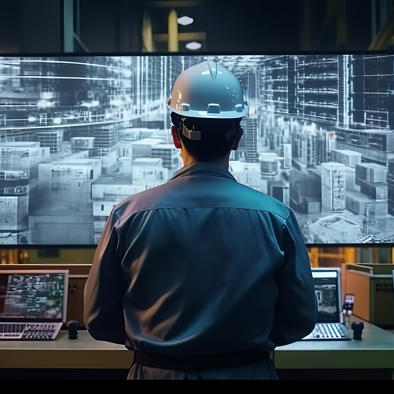 A construction worker wearing a hard hat while working on a computer. Generative ai