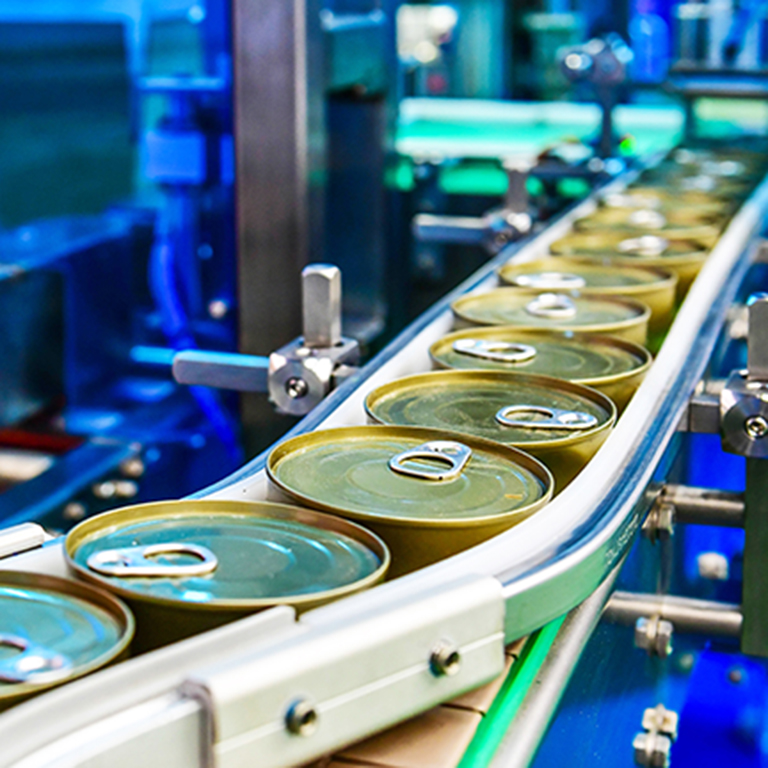 Canned food products on conveyor belt