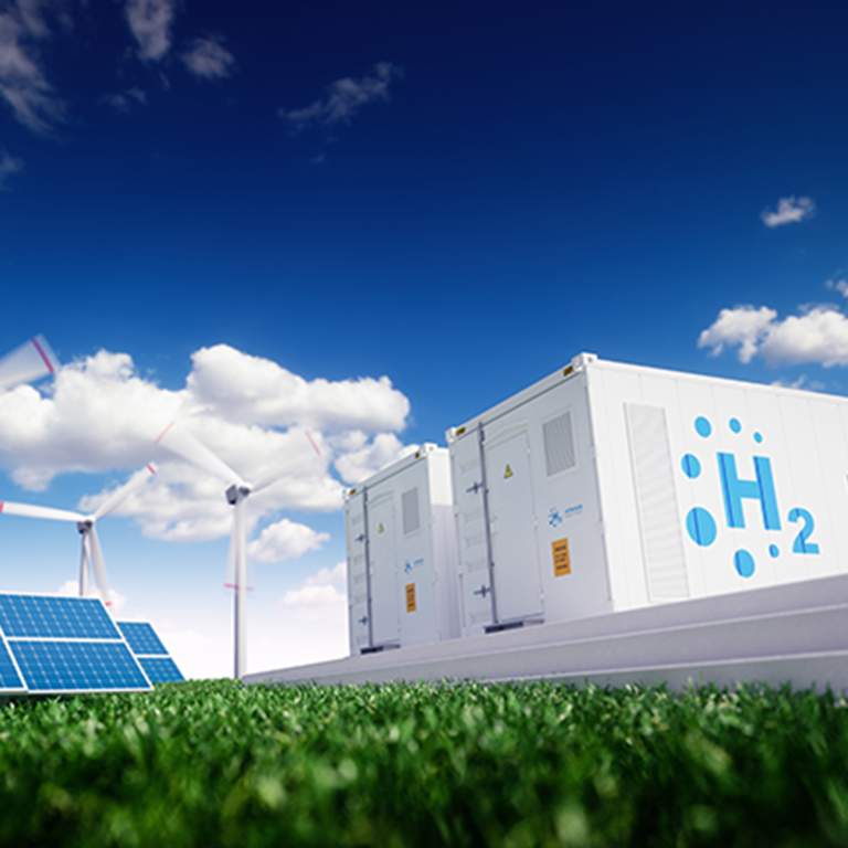 Ecology energy solution. Power to gas concept. Hydrogen energy storage with renewable energy sources - photovoltaic and wind turbine power plant in a fresh nature. 3d rendering.