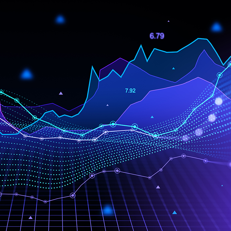 Stock market hologram, blue and violet forex hud with numbers and lines dynamics. Concept of diagrams, online trading and finance. 3D rendering illustration