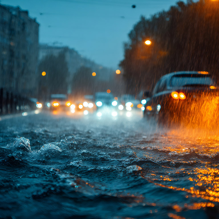 Heavy rain creating large puddles and splashing water as vehicles drive through a flooded city street during a nighttime storm
