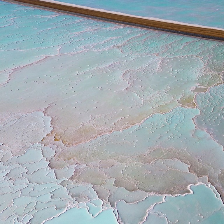 Aerial close up of lithium fields in the highlands of northern Argentina, South America - a surreal landscape where batteries are born