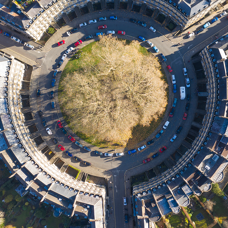 Aerial drone view of the Circus street in Bath Somerset UK