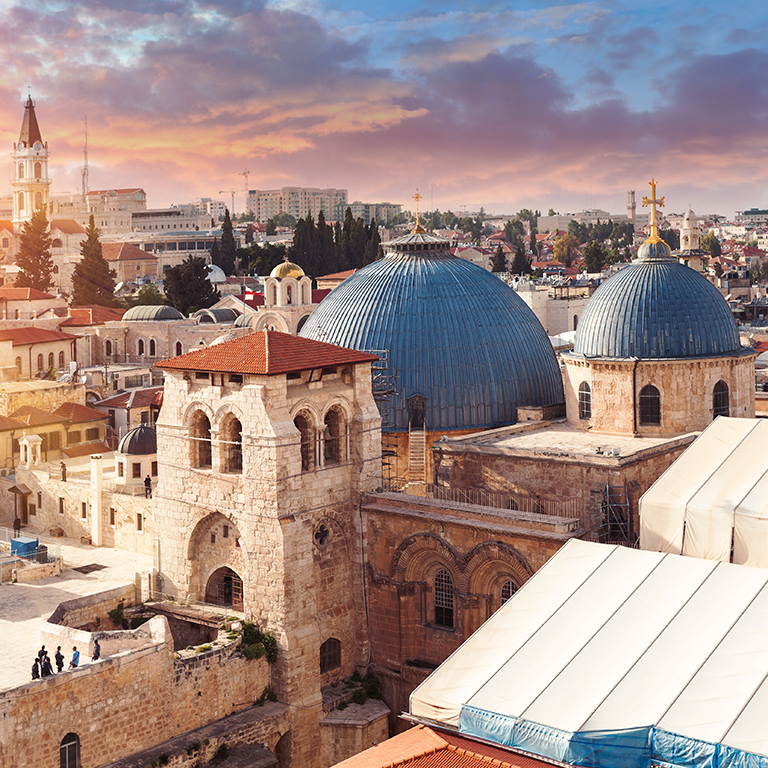 Panoramic aerial view of the Temple of the Holy Sepulcher at sunset in the old city of Jerusalem, Israel