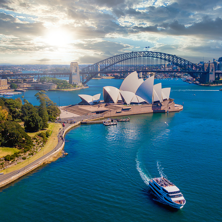 Beautiful aerial view of the Sydney Opera house by the bay in Australia. Panoramic view. 
