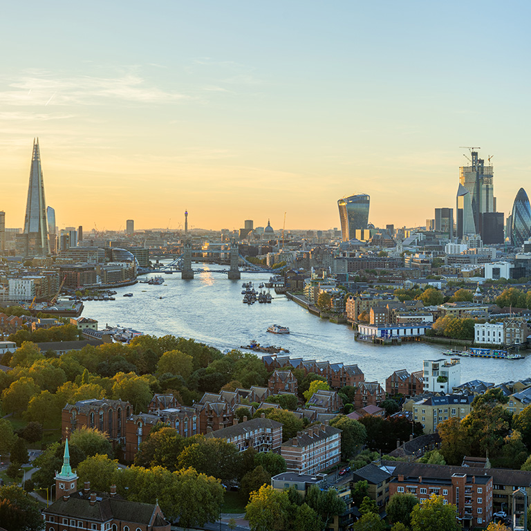 Aerial view of the City of London at sunset