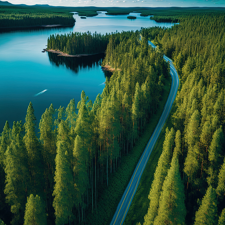 Aerial image in summertime Finland showing a road with automobiles between a green forest and a turquoise lake. 