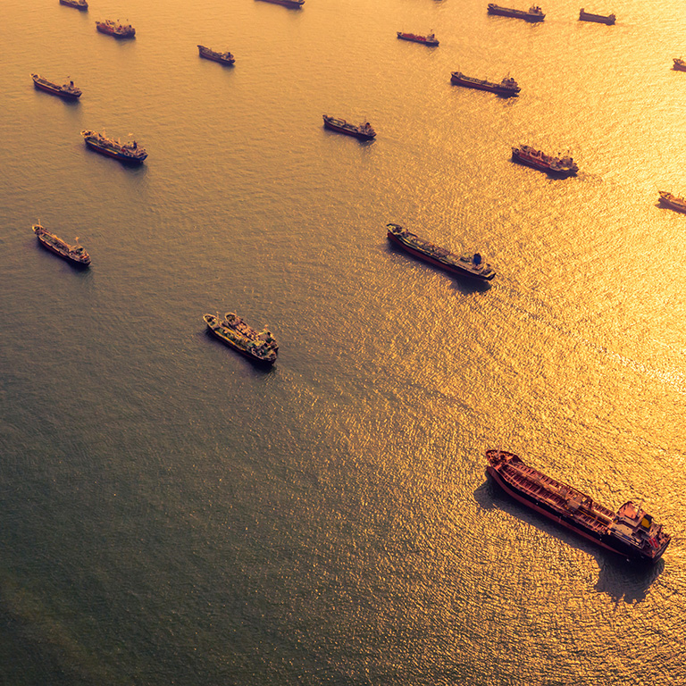 Aerial view oil and gas chemical tanker in open sea, Refinery Industry cargo ship.