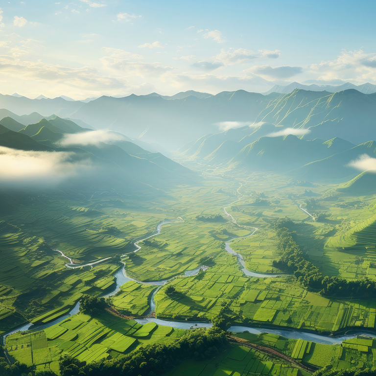 An aerial view of a vast and lush rice field, Generative AI