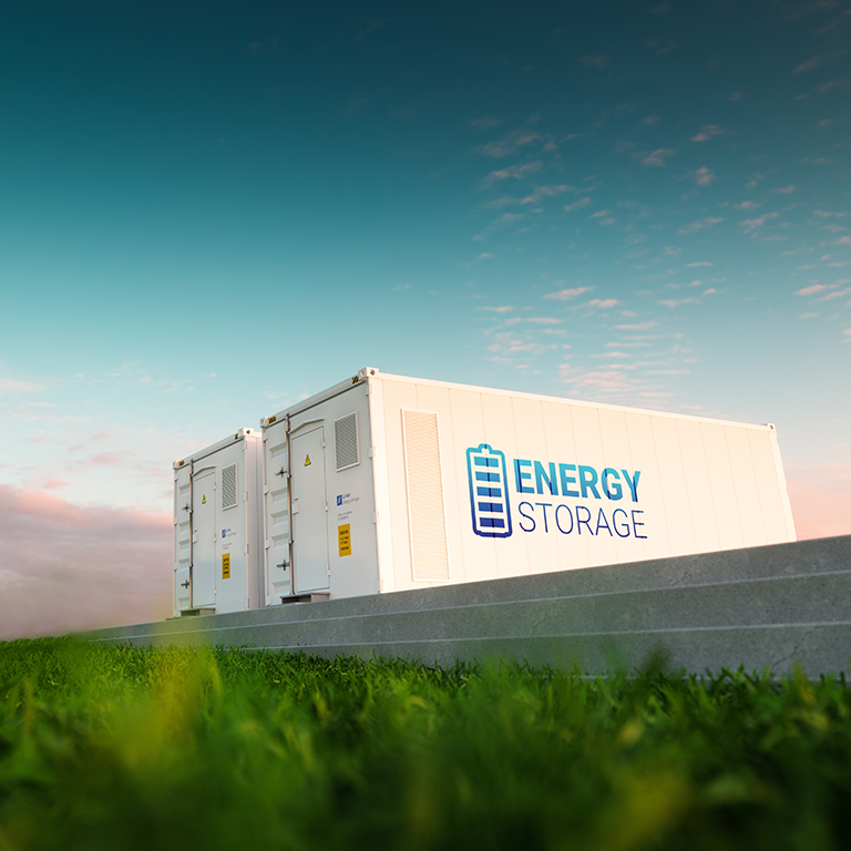 Concept of energy storage system. Renewable energy - photovoltaics, wind turbines and Li-ion battery container in morning fresh nature. 3d rendering.