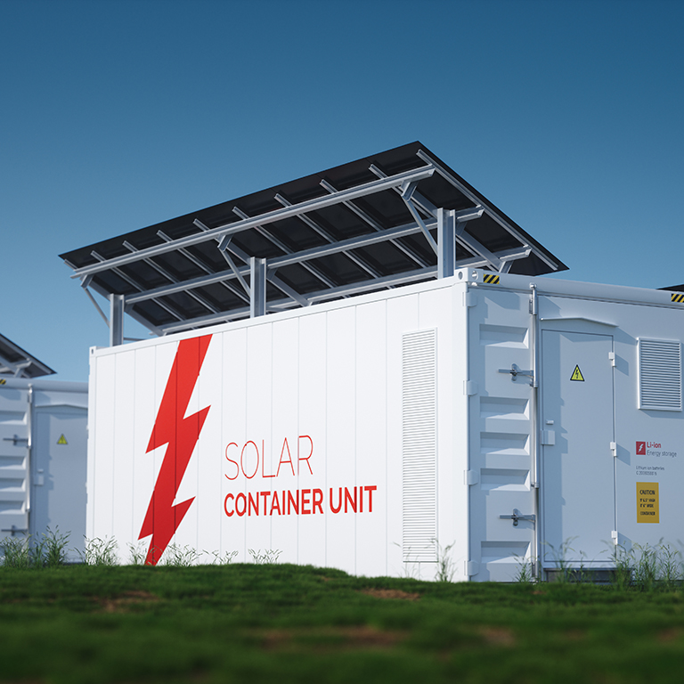 Three solar container units. 3d rendering concept of a white industrial battery energy storage container with mounted black solar panels situated on fresh green grass in late sunny weather. 