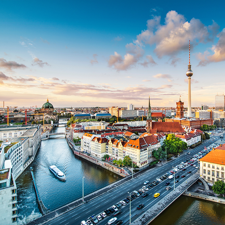 Berlin, Germany viewed from above the Spree River.