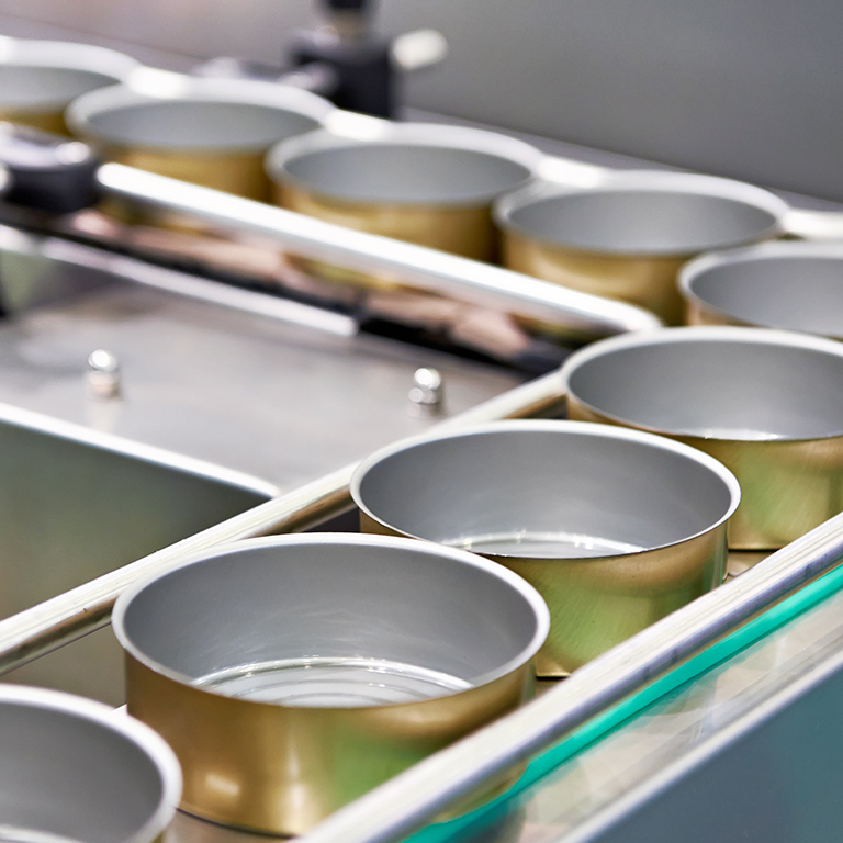 Empty cans to be filled on the conveyor of a food factory