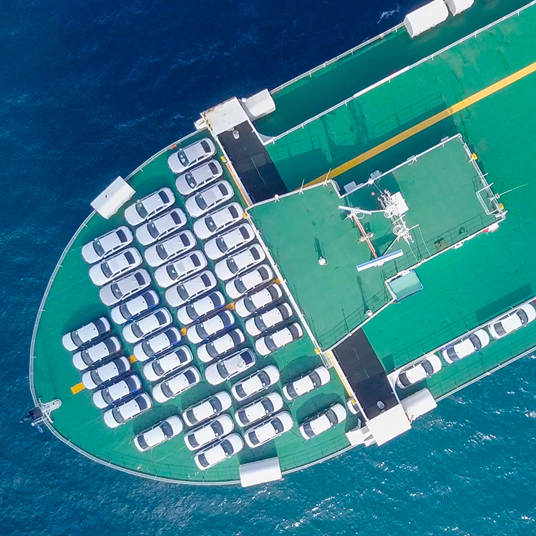 Aerial image of a Large RoRo (Roll on/off) Vehicle carrie vessel cruising the Mediterranean sea