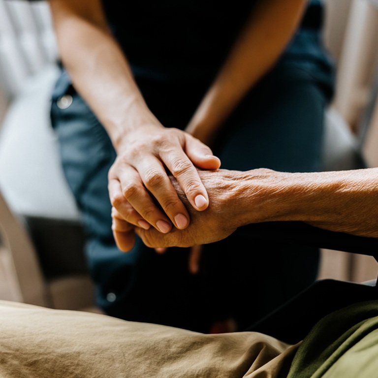 One person holds the hand of another in a chair, showing connection and support. The image captures a moment of comfort and understanding between them in a simple space.