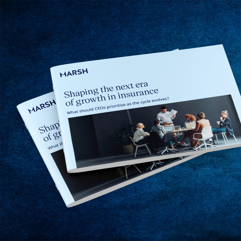 Cover of Marsh report with dark blue background: Shaping the next era of growth in insurance