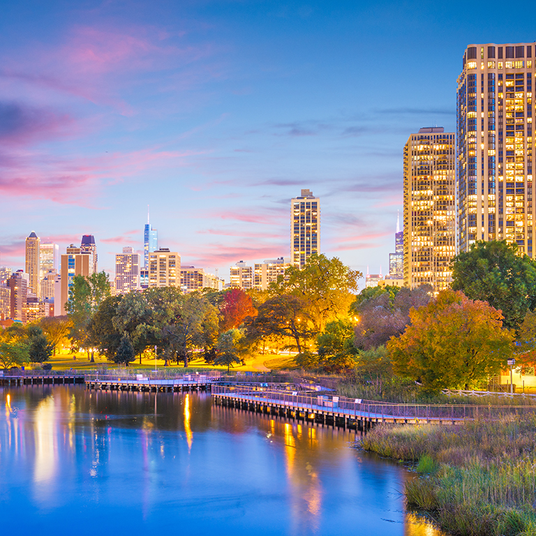 Chicago, Illinois, USA downtown skyline from Lincoln Park at twilight.