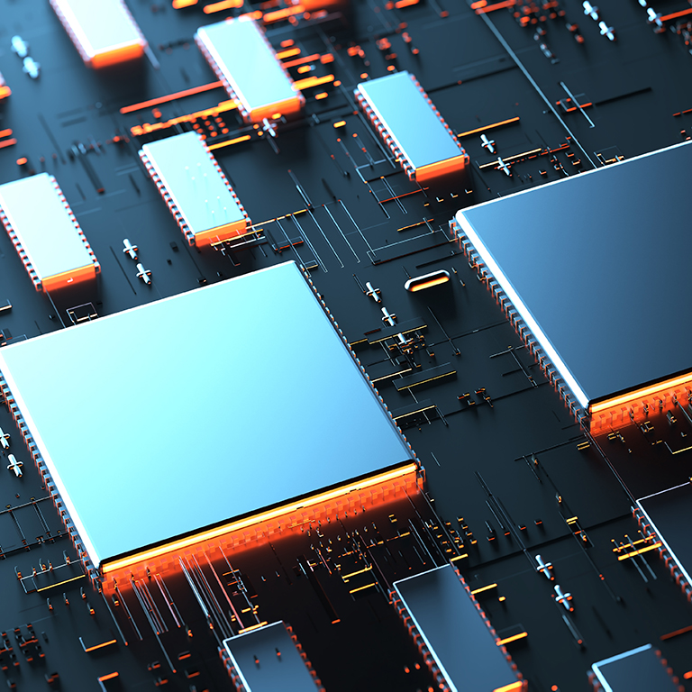 Circuit board futuristic server code processing. Orange,  green, blue technology background with bokeh. 3d rendering