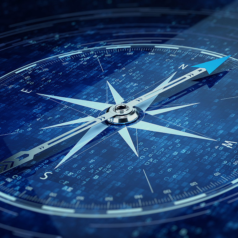 Compass Direction On Digital Code Blue Background. 3d rendering