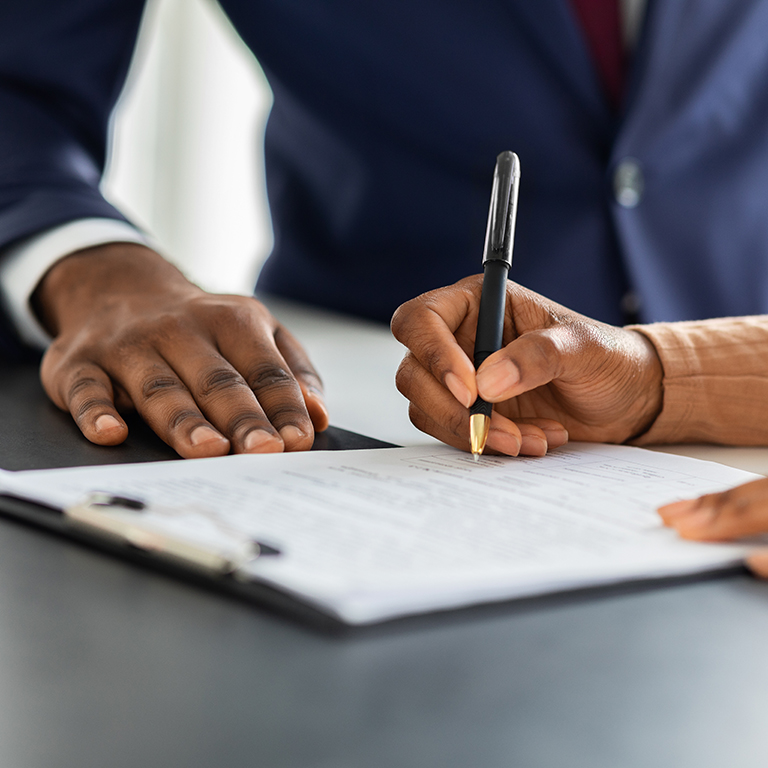 Contract Signing. Female Customer Sign Papers In Dealership Office, Unrecognizable African American Woman Client Buying New Car Or Purchasing Property, Closeup Shot, Cropped Image With Free Space