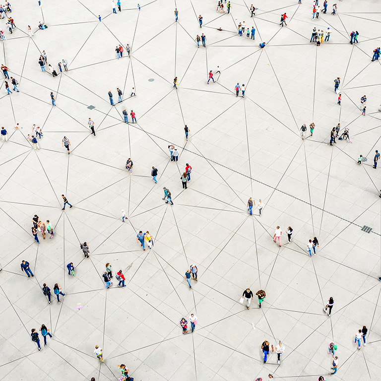 Aerial view of crowd connected by lines