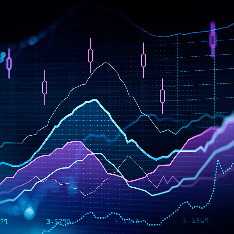 Financial rising graph and chart with lines and numbers that illustrate market behaviour. 