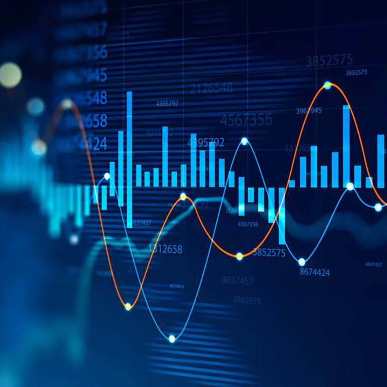 Data analytics on screen, showing increase and decrease