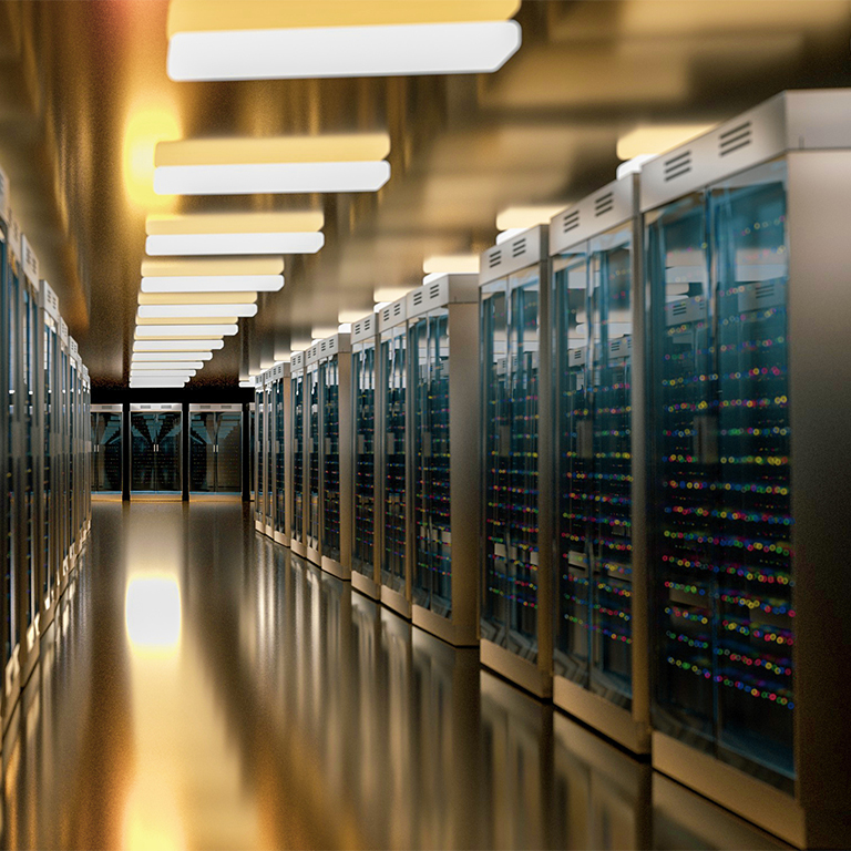 Server racks in server room cloud data center. Datacenter hardware cluster. Backup, hosting, mainframe, mining, farm and computer rack with storage information. 3D rendering. 3D illustration