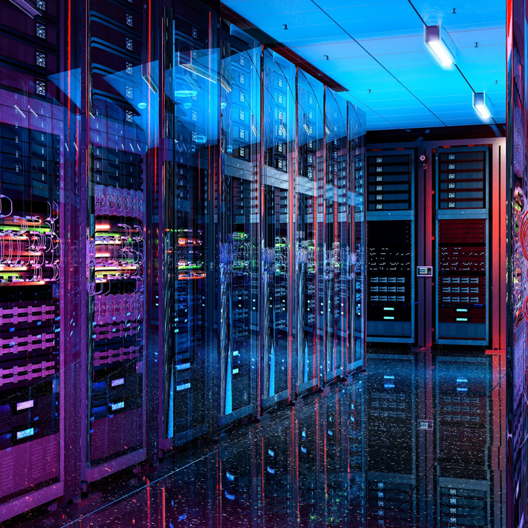 Data center with blue and purple lights