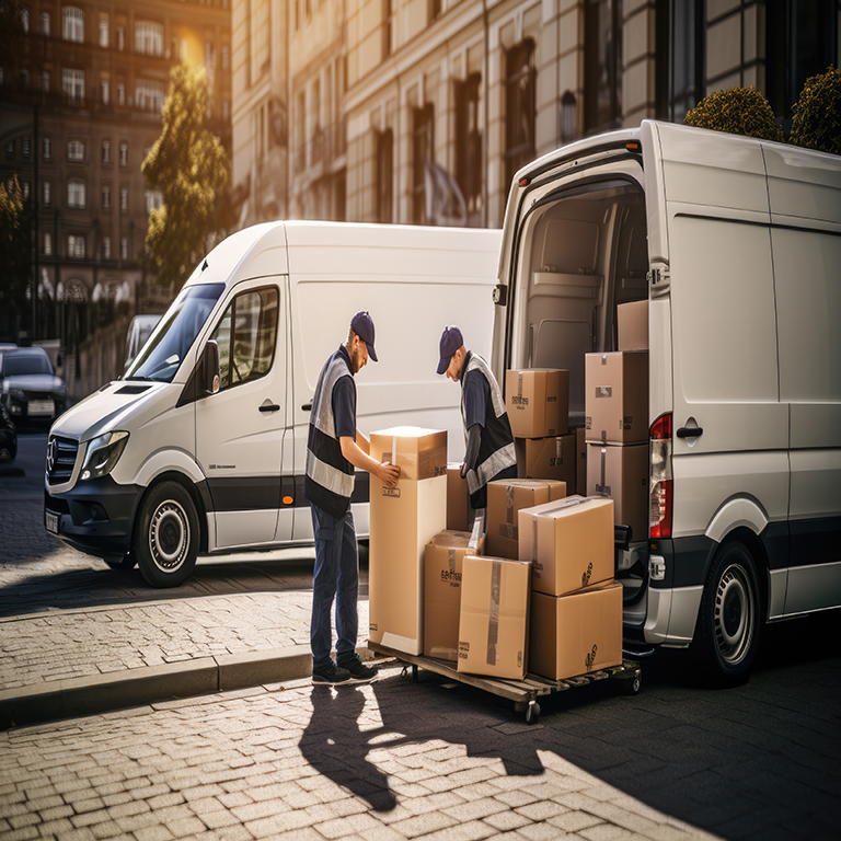 Workers unloading boxes from van outdoors. Moving service. Created with Generative AI technology.