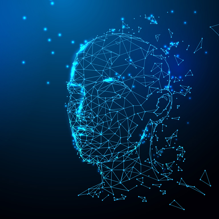 Digital abstract face composed of lines and nodes