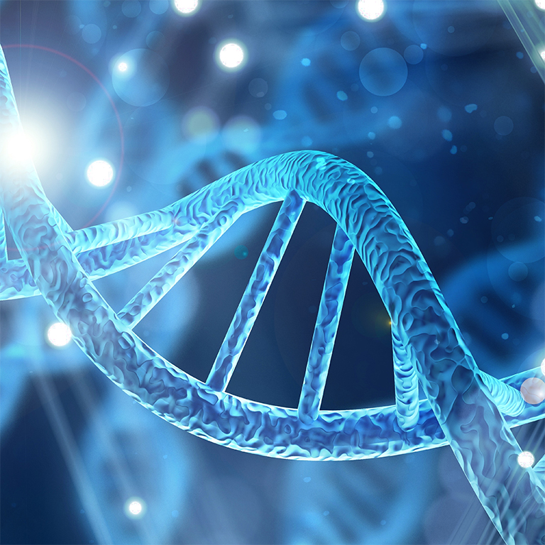 A close-up representation of DNA strands shines with blue illumination, showcasing the intricate twists and turns of genetic material. The background sparkles with light effects.