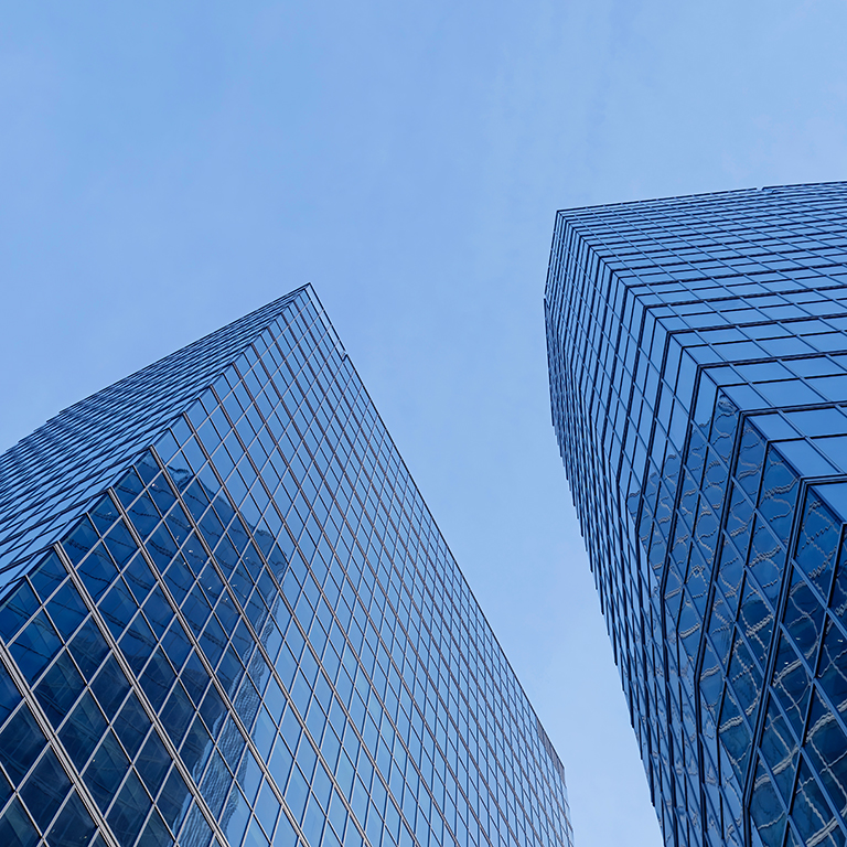 Down angle view of the city skyscrapers. 