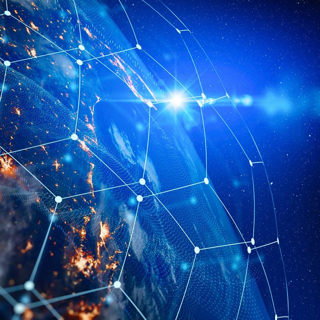 Globe with lights seen from space. Globe is covered with a connect network.