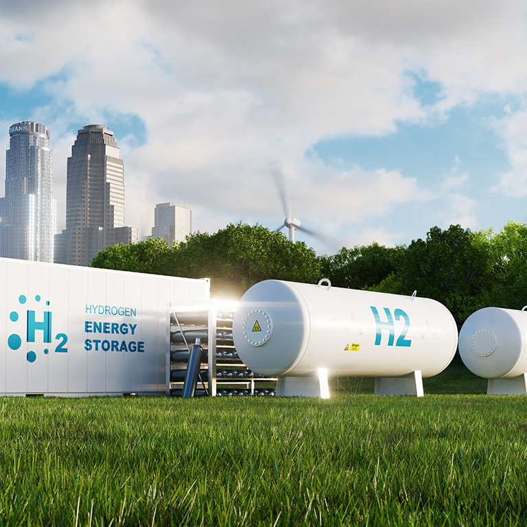 Concept of an energy storage system based on electrolysis of hydrogen in a clean environment with photovoltaics, wind farms and a city in the background. 3d rendering.