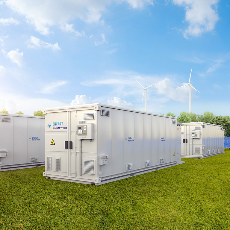 3d rendering amount of energy storage systems or battery container units with solar and turbine farm