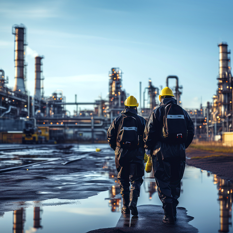 Environmental scientists investigating hazardous pollutants or contaminants in the oil refinery industry