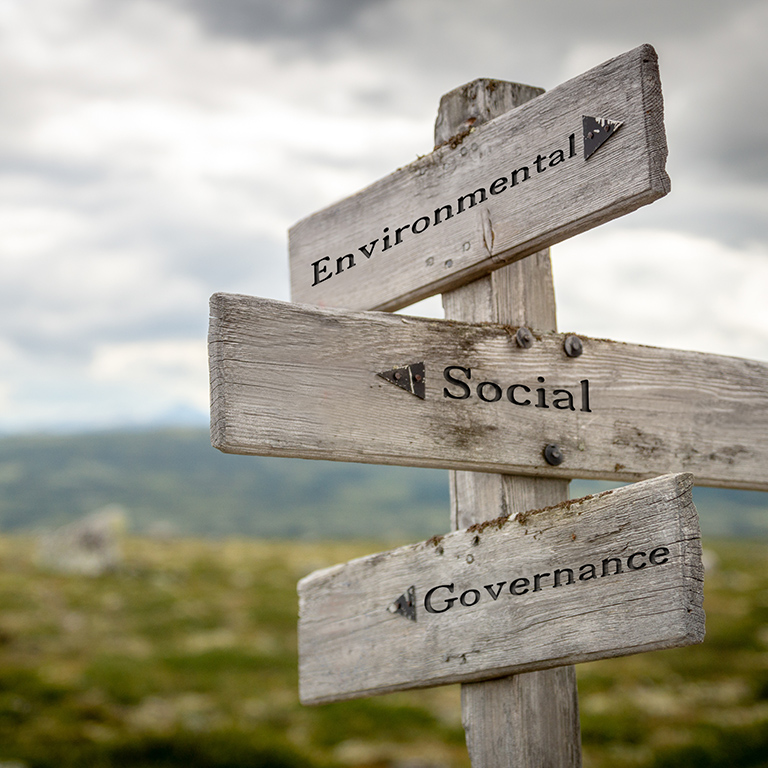 environmental social governance text on wooden signpost outdoors in nature