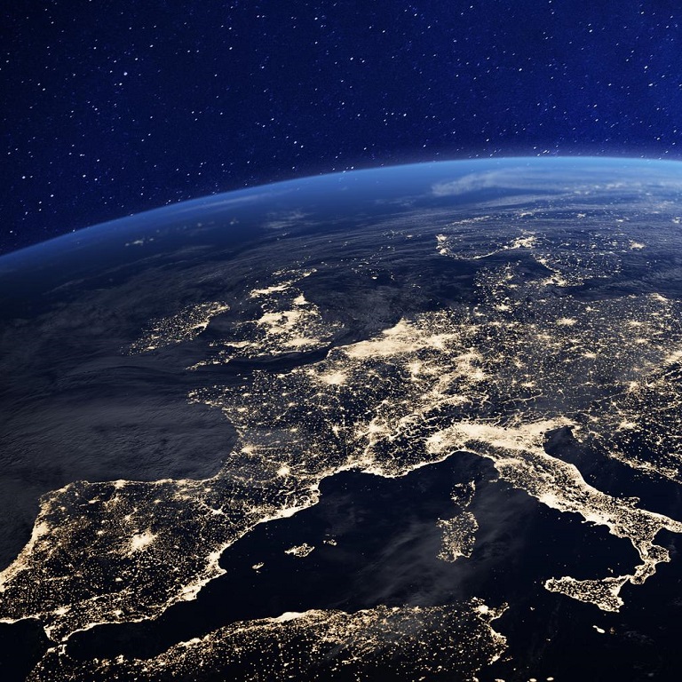 Europe at night from space, city lights, elements from NASA