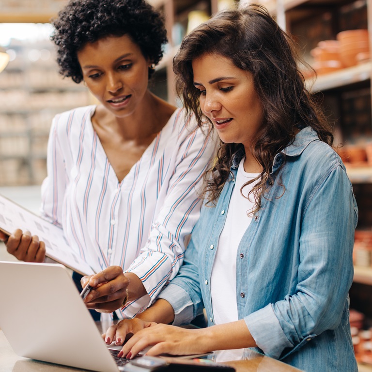 Female ceramists using a laptop together in their shop